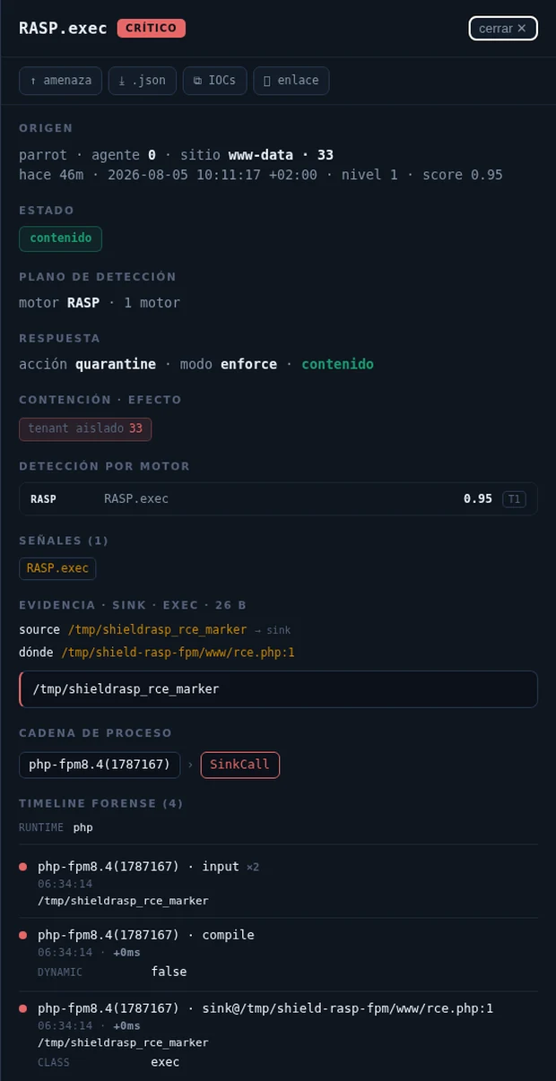 Detail of a detection with its evidence and the response applied